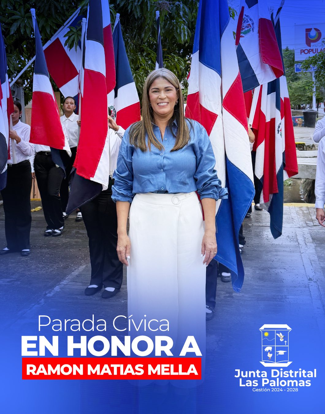 25 de febrero – Nuestra alcaldesa Raysa Vásquez participó en la Parada Cívica realizada frente a la Junta Distrital Las Palomas, en conmemoración del natalicio de Ramón Matías Mella.